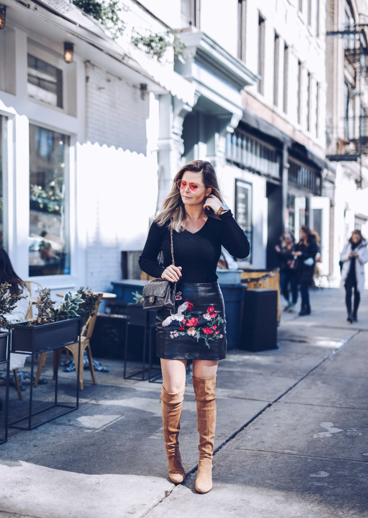 Embroidered Leather Skirt and OTK Boots 