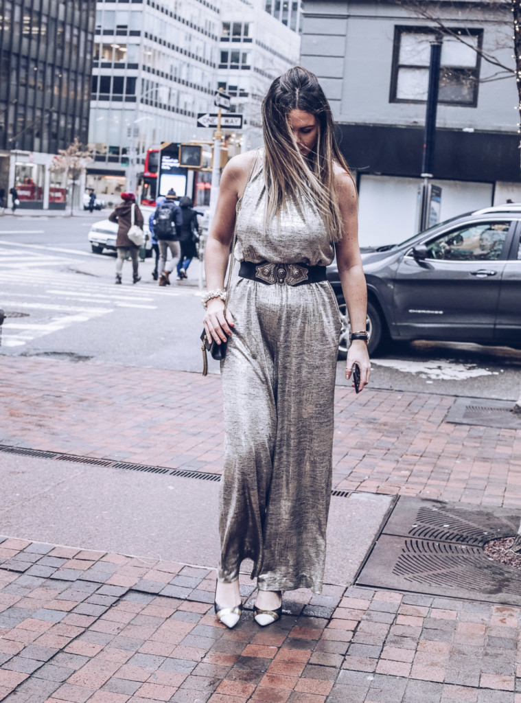 Glamourim lifestyle blogger wearing NY&CO Metallic jumpsuit 