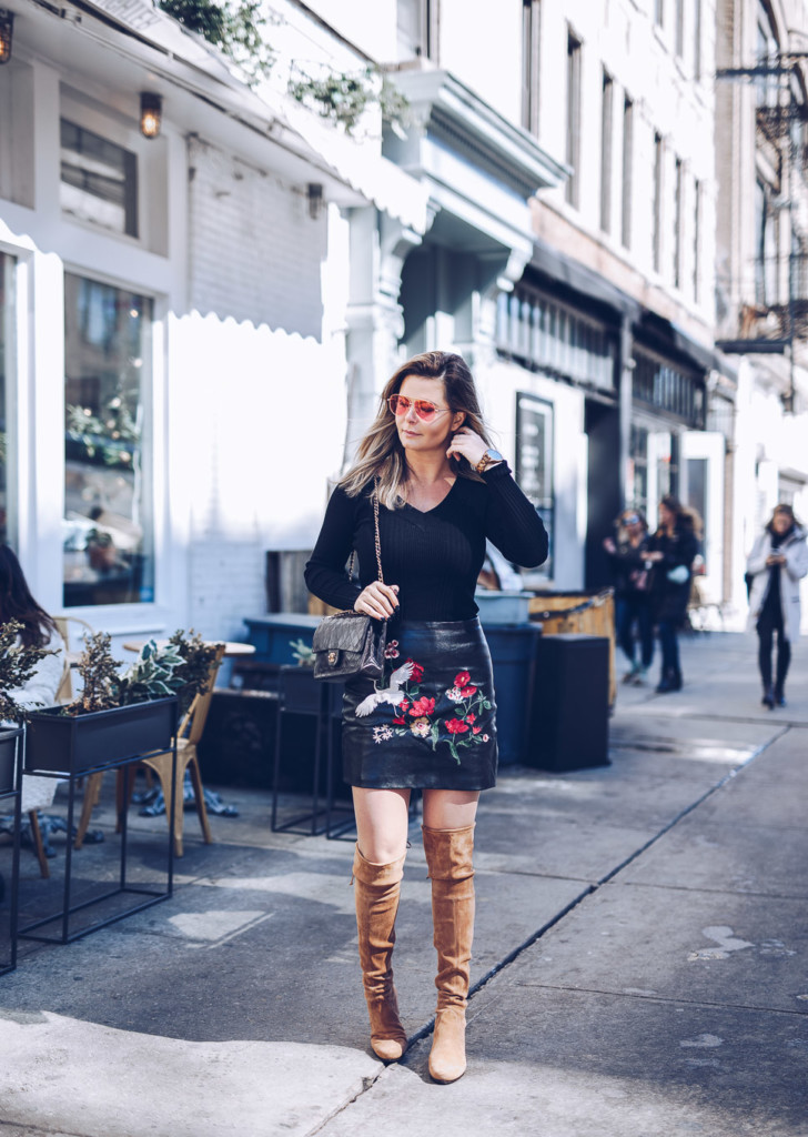 Embroidered Leather Skirt and OTK Boots for Spring - Glamourim